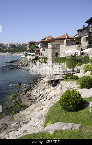 Costa di pietra, case, Sozopol, Mar Nero, Bulgaria, Europa, Foto Stock