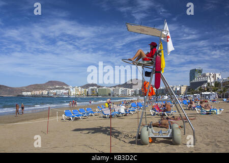 Spagna, Isole Canarie, Gran Canaria, Las Palma, spiaggia, Playa de las Canteras, controllo spiaggia, Foto Stock