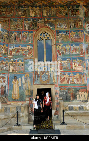 La Romania, a sud della regione di bukovina, verso gura humorului town, voronet monastero ortodosso elencati come patrimonio mondiale dall' UNESCO, Affresco Foto Stock