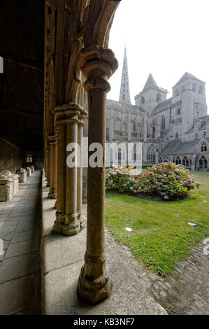 Francia, Cotes d'Armor, Treguier, Cattedrale di Saint-Tugdual, il chiostro in stile gotico fiammeggiante dal 1461 Foto Stock