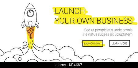 Minimalista di lancio del razzo icona linea. rocket illustrazione di nuvole, spazio e lanciare fiamme, linea tecnica. Illustrazione Vettoriale