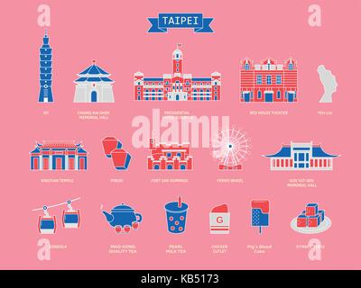 Taiwan simbolo di viaggio raccolta, famose architetture e specialità in Taipei nella piana di stile design isolato su sfondo rosa, design tricolore Illustrazione Vettoriale