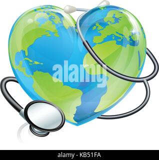 Uno stetoscopio cuore terra Globo mondo concetto di salute Illustrazione Vettoriale