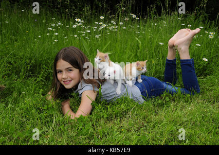 La ragazza si trova a faccia in giù su un prato con tre gattini sul retro Foto Stock