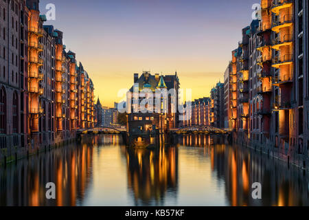 La storica Speicherstadt di Amburgo, Germania Foto Stock