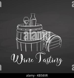 Degustazione di vino simbolo e scritte sulla lavagna. disegnati a mano il cibo sano schizzo in bianco e nero per il disegno vettoriale sulla lavagna. Illustrazione Vettoriale