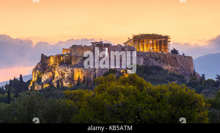 Vista la mattina dell'Acropoli dalla Pnice ad Atene, in Grecia. Foto Stock