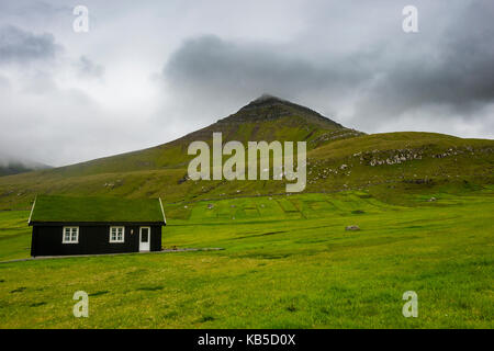 Erba solitaria casa dal tetto in gjogv, estuyroy, isole Faerøer, Danimarca Foto Stock