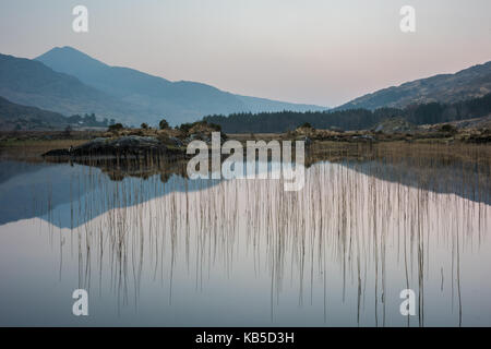 Il lago di riflessione, cummeenduff lago, black valley, Killarney, County kerry, munster, Repubblica di Irlanda, Europa Foto Stock