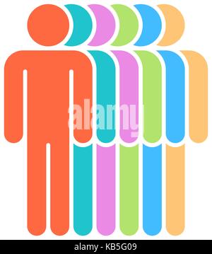 Logotipo in forma di sei persone in piedi in rosso, verde, viola, blu, giallo colori. rapido e facile recolorable elemento grafico nel vettore di tecnica Illustrazione Vettoriale