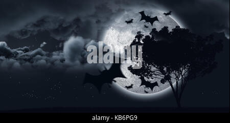 Immagine digitale di silhouette bat contro la luna splendente pelli da un albero e alcune nuvole Foto Stock