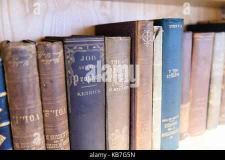 Vecchio Irish teologia dei libri in una biblioteca specializzata in storia irlandese. Foto Stock