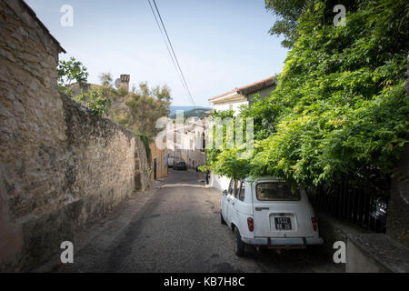 Renault 4 parcheggiata sotto una grande glicine a Marsanne Auvergne Rhône-Alpes Foto Stock