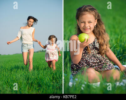 Collage di felice ragazze su erba verde Foto Stock