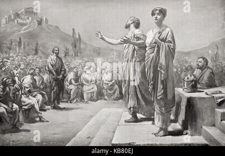 Pericle supplica per Aspasia. Nota per la sua capacità di conversatore e consulente è stata accusata di corrompere le donne di Atene al fine di soddisfare Pericle perversioni. Aspasia, c. 470 - c. 400 BC. Amante di Pericle. Pericle, c. 495 - 429 A.C. Prominente e influente statista greco, oratore e generale di Atene. Dopo la pittura da Margaret Dovaston, (1884-1954). Da Hutchinson nella storia delle nazioni, pubblicato 1915. Foto Stock