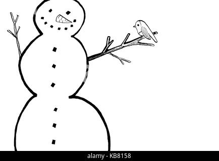 Carino pupazzo di neve e robin su stick illustrazione. Cartoon ink character design Foto Stock