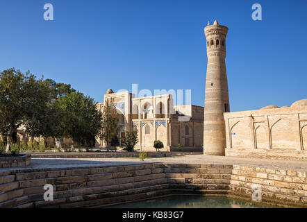 Khoja-gaukushan ensemble nel centro di bukhara consiste di un madrasah e moschea con un grande minareto Kalon khoja Foto Stock