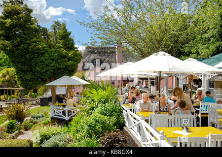 Rose Cottage Tea Gardens, cockington, Torquay Devon UK - vacanzieri gustando il tè del pomeriggio sulle terrazze intorno al giardino in estate Foto Stock