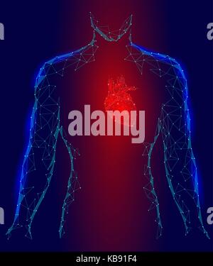 Silhouette uomo cuore batte 3d medicina modello di malattia bassa poli. triangolo di punti collegati punto bagliore rosso sfondo blu. dolore impulso dal corpo interno illustrazione vettoriale Illustrazione Vettoriale