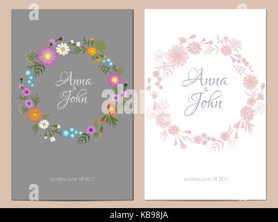 Fiori di campo invito a nozze. Salvare la data del biglietto di auguri floral design tondo. cane selvatico rose rustico tradizionale ricamo vintage template vettoriale Illustrazione Vettoriale