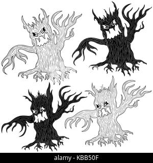 Quattro Halloween cartoon aggressivo male ritorto di alberi in stencil e delineare i disegni vettoriali Illustrazione Vettoriale