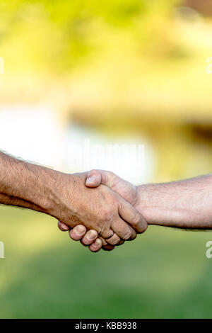 Stretta di mano tra due uomini con sfondo sfocato Foto Stock
