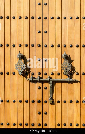 Vecchia porta di legno con ampio raccordo di ferro Foto Stock