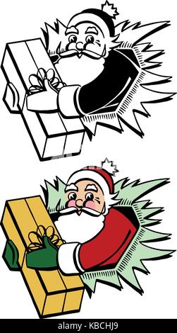Babbo Natale irrompe attraverso la parete di contenimento avvolto un regalo di Natale Illustrazione Vettoriale