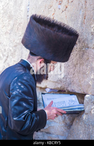 Ebrea ortodossa uomo prega al muro occidentale durante la Pasqua ebraica Foto Stock