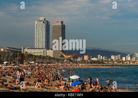 Spiaggia di Barceloneta, Barcellona, in Catalogna, Spagna Foto Stock