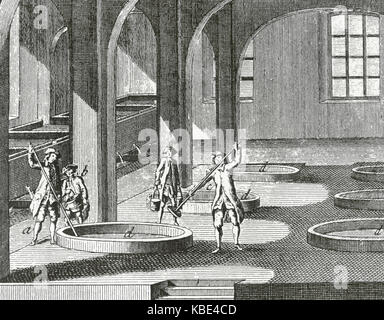 Fabbrica di sapone. Processo di miscelazione. Il XVIII secolo. Encyclopedie di Diderot e d'Alembert. Incisione. Foto Stock
