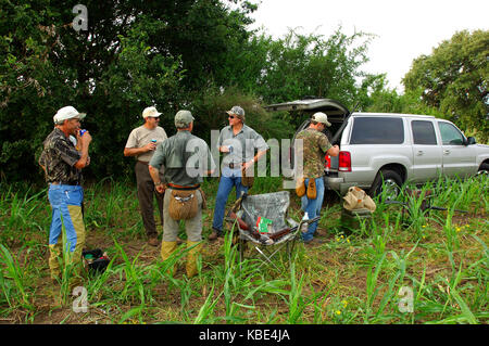 Colomba di cacciatori in attesa di colombe per volare in un campo di fattoria vicino a Hondo, Texas Foto Stock