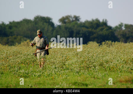 Colomba di cacciatori in attesa di colombe per volare in un campo di fattoria vicino a Hondo, Texas Foto Stock