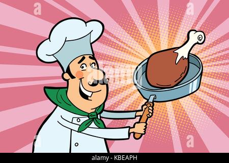 Chef di cucina carattere con carne arrosto Illustrazione Vettoriale