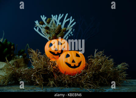 Dark halloween zucca arancione con fiori secchi, dormire in un nido fatto di erba e nascondere sotto i cespugli. basso tono tasto Foto Stock