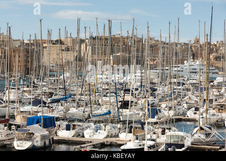 Un sacco di lussuosi yacht e barche ormeggiate nel porto grande a Birgu e Vittoriosa Malta Foto Stock