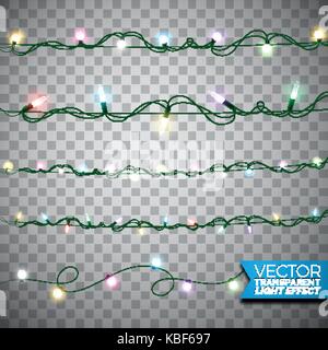 Incandescente le luci di Natale realistico isolati gli elementi di design su sfondo trasparente. xmas ghirlande decorazioni per il messaggio di saluto festivo card. Illustrazione Vettoriale