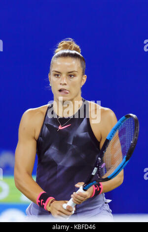 Wuhan, Wuhan, Cina. 29Sep, 2017. francese giocatore di tennis professionista caroline garcia sconfigge il greco giocatore di tennis maria sakkari 2-0 alla semi-finale del wta wuhan aprire a Wuhan, Cina centrale della provincia di Hubei. Credito: sipa asia/zuma filo/alamy live news Foto Stock