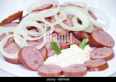 Salsicce, salsiccia per pizza, cipolle, São Paulo, Brasile. Foto Stock