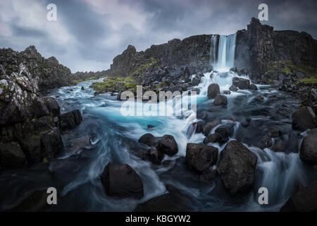 Foto panoramica della cascata öxararfoss in Islanda Foto Stock