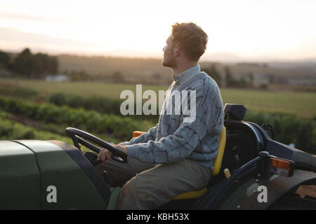 Agricoltore la guida del trattore durante il tramonto nel campo Foto Stock