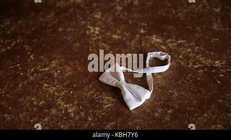 Govern mano richiede un filtro bow tie. preparazione al giorno di nozze. l'uomo prende il filtro bow tie. nozze accessori. groom holding brown bow tie in mano. l uomo tenendo il filtro bow tie. elegante gentleman clother. wedding Foto Stock