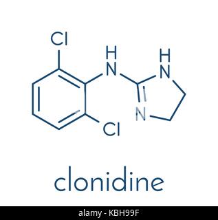 La clonidina molecola di farmaco utilizzato nel trattamento di ADHD, ipertensione, emicrania, disturbi d'ansia, ecc. formula scheletrico. Illustrazione Vettoriale