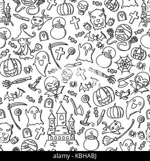 Seamless sfondo pattern halloween bambini disegno a mano impostare illustrazione isolati su sfondo bianco Illustrazione Vettoriale