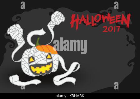 Zucca di halloween jack o lantern costume mummia set intero concetto e Halloween 2017 illustrazione testo isolato su dark scary sfondo, con copia spac Illustrazione Vettoriale