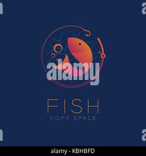 Il simbolo del pesce icona e canna da pesca, bolla d'aria impostata orange gradiente viola color design illustrazione isolato su sfondo blu scuro con pesce e di testo Illustrazione Vettoriale