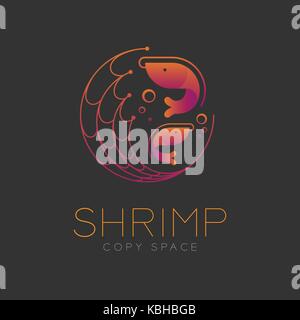 Gamberetti simbolo icona e rete da pesca, bolla d'aria impostata orange gradiente viola color design illustrazione isolato su sfondo scuro con testo di gamberetti e c Illustrazione Vettoriale