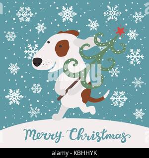 Cute cane porta albero di natale. Buon Natale Illustrazione Vettoriale
