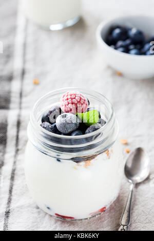 Parfait di yogurt con muesli, lamponi e mirtilli in un vaso. concetto di mangiare sano, dieta e stile di vita sano e la dieta equilibrata. closeup vi Foto Stock