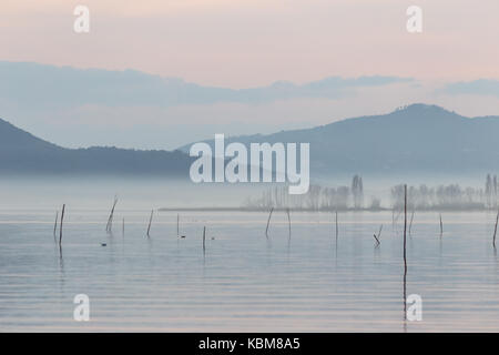 Il lago al tramonto con nebbia e bella, morbide e colori caldi e pali di legno in primo piano Foto Stock